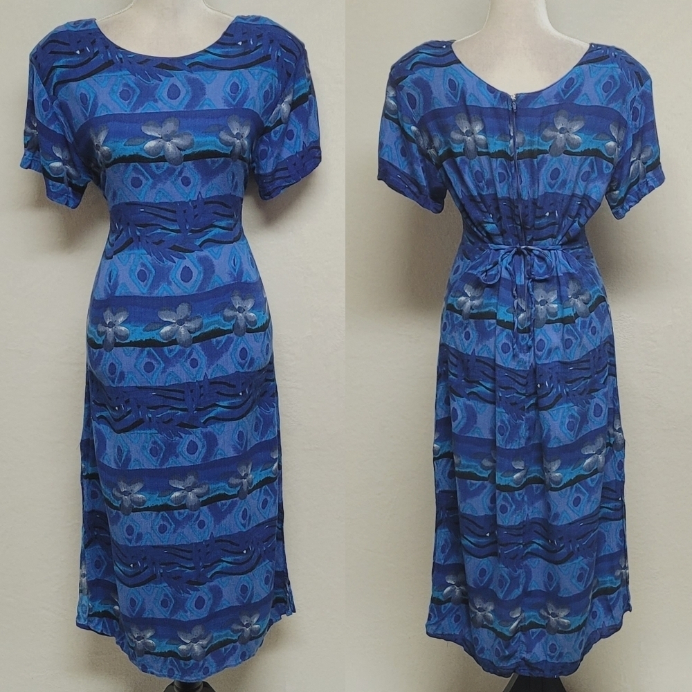 Vintage 90s Nick & Sarah Blue Tropical Floral Side Slit Tie-Waist Midi Dress M
